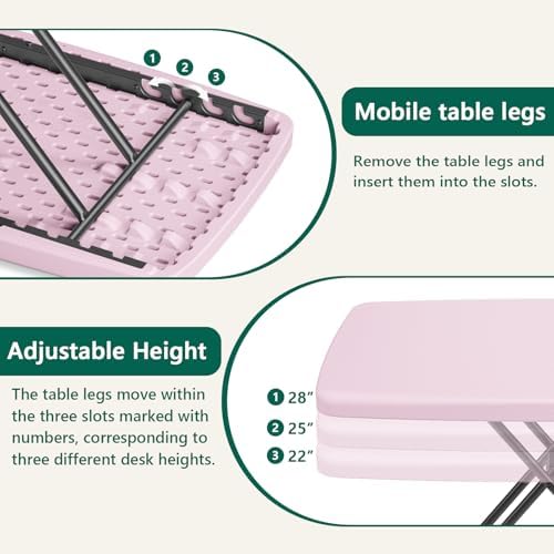 30 Inch Folding Table, Adjustable Height TV Tray for Small Spaces, Heavy Duty Foldable Utility Table for Laptop, Dining, Camping, No Assembly, 200 lbs Capacity, Pink Granite