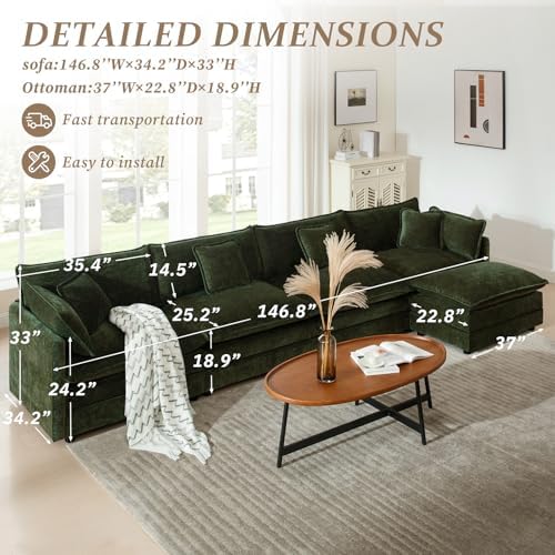 SoarFlash 137" Chenille L Shaped Modular Sofa with Ottoman,Green | Randomly Assemble Modular Sofa Sets, Modern Recliner Deep Seat Sofa Set for Living Room,Office