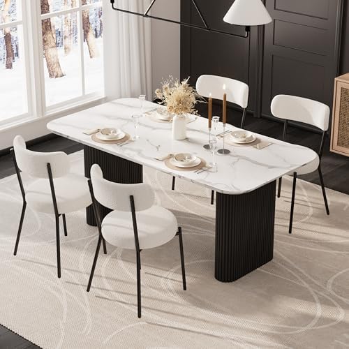 RGZ Modern Oval Dining Table Set for 4,71" Faux Marble Kitchen Table with Ripple Legs & 4 White Black Boucle Dining Chairs, Dinner Table and Chair for Dining Room, Home, Apartment