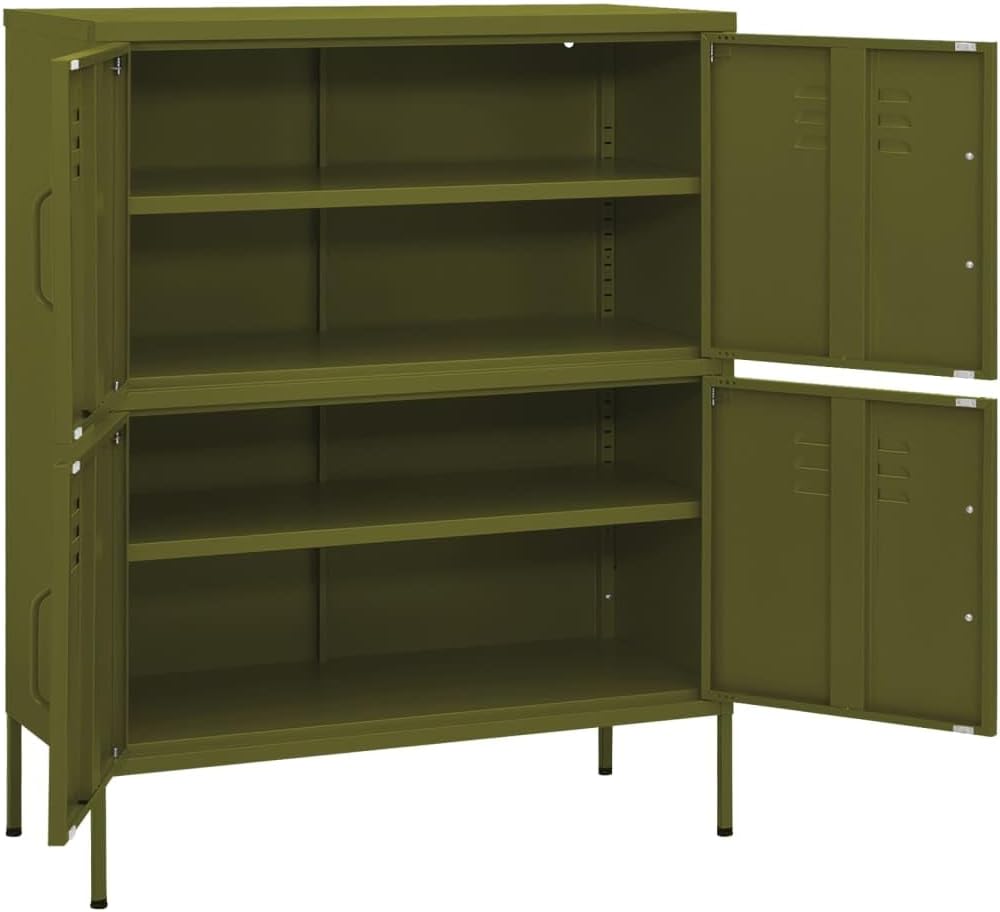 Olive Green Steel Storage Cabinet 13.8"x31.5"x40" Modern 4-Door Pantry Organizer & Bathroom Storage Cabinet Adjustable Shelves Robust Metal Frame for Living Room Kitchen Garage