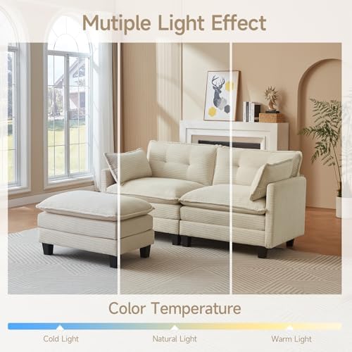 Amsleekey 76.5" L-Shaped Modular Sectional Sofa, Beige Corduroy | Cloud Couch for Living Room, 2 Seater Deep Seat Convertible Sleeper Sofa with 1 Movable Ottomans and 2 Leg Height Options