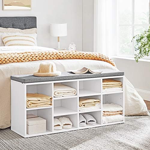 VASAGLE Shoe Bench with Cushion, 10 Compartments, 11.8 x 40.9 x 18.9 Inches | Entryway Storage Bench with Padded Seat, for Bedroom, Cloud White and Dove Gray, CUSTOS Collection ULHS10WT