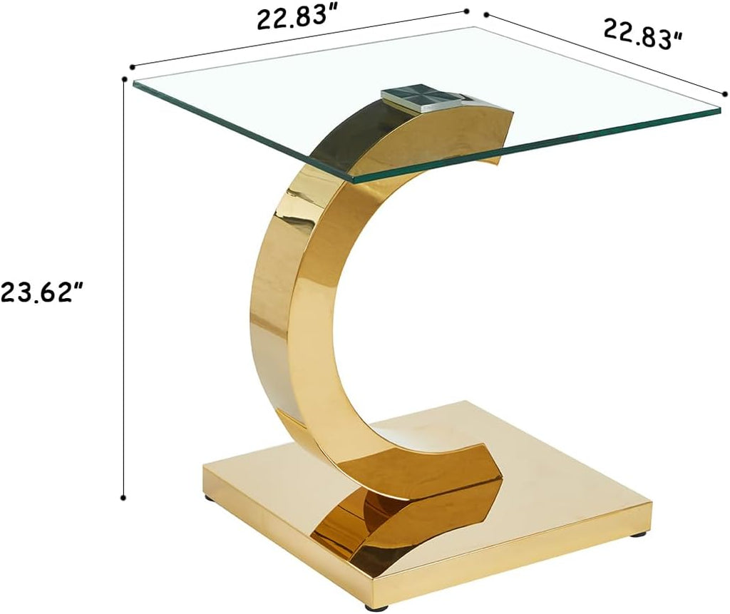 Modern Square Glass End Side Table with C-Shape Gold Stainless Steel Base, 22.83" Small Glass Top Bed Side Coffee Table Nightstand for Living Room Bedroom Office