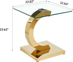 Modern Square Glass End Side Table with C-Shape Gold Stainless Steel Base, 22.83" Small Glass Top Bed Side Coffee Table Nightstand for Living Room Bedroom Office