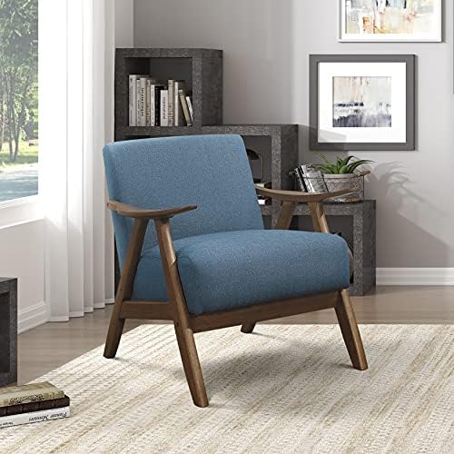 Lexicon Mid Century Modern Accent Chair with Solid Wood Frame in Walnut Finish, Upholstered Living Room Lounge Arm Chair, Thick and Comfy Innerspring Seat Cushion, Linen-Look Fabric, Blue | Upholstered Living Room Lounge Arm Chair, Thick and Comfy