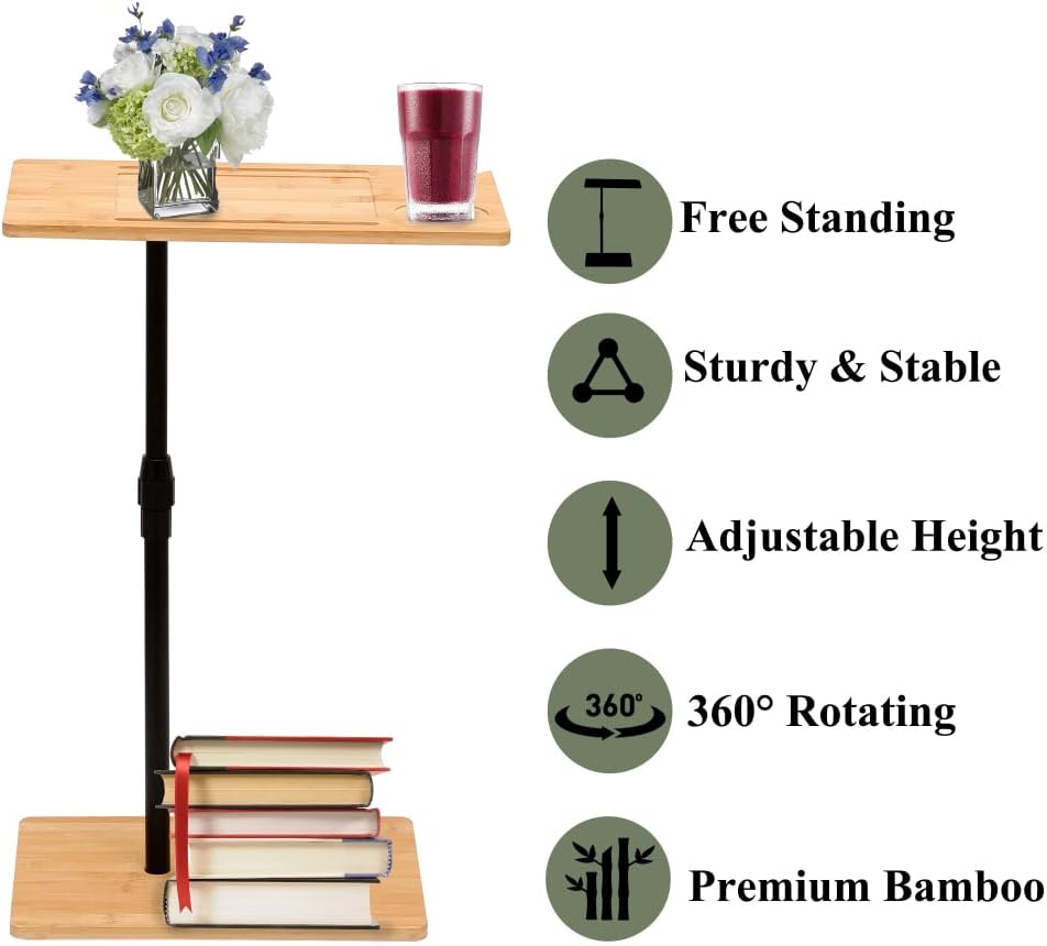 Height Adjustable Bamboo Couch Table, C-Shaped Oval End Table with Slots for Devices – Sofa Side Table for Bedroom, Living Room, or Bedside Use (B)