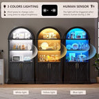 Vlsrka Kitchen Pantry Storage Cabinets with Adjustable Shelves, 71" Tall | Arched Wooden Cabinet with Doors, 3 Colors LED Lights, Motion Sensor, Freestanding, for Living/Dining Room, Black