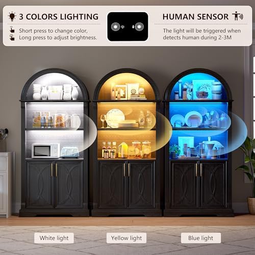 Vlsrka Kitchen Pantry Storage Cabinets with Adjustable Shelves, 71" Tall | Arched Wooden Cabinet with Doors, 3 Colors LED Lights, Motion Sensor, Freestanding, for Living/Dining Room, Black