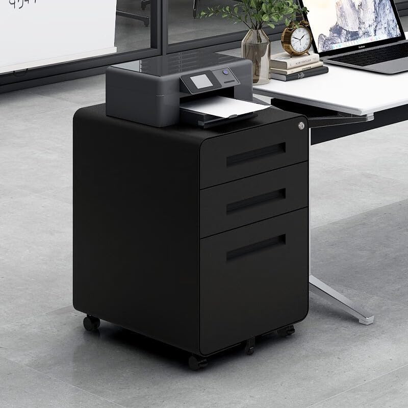 3 Drawer File Cabinet with Lock, Mobile Metal Filing Cabinet for Letter/Legal/A4 Size, Under Desk Rolling Office Storage Cabinet, Fully Assembled, Black