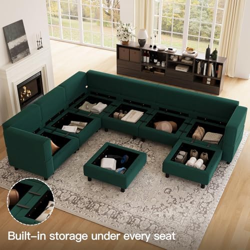 Belffin Modular Sectional Sofa with Storage Seat Oversized U Shaped Couch with Reversible Chaise Velvet Sofa Set with Ottoman Green