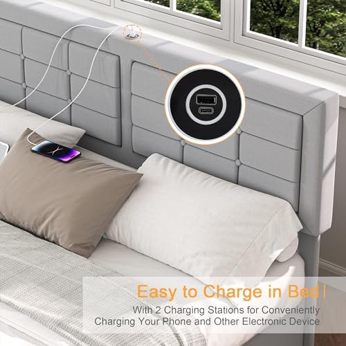 VECELO Queen Size Bed Frame with 4 Storage Drawers & Adjustable Headboard, Built-in Charging Station, Upholstered Bedframe with Wood Slats Support, Light Gray