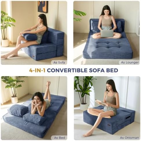 MAXYOYO Convertible Sofa Bed, Fold Out Sofa Couch with Pillow for Adults | Loveseat Sofa 4 in 1 Tufted Folding Couch Bed Foam Floor Couch, Lazy Chair for Living Room Bedroom Guest Room, Dusty Blue