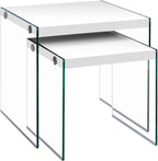 Set of 2 Square Nesting Tables with Sturdy Tempered Glass Base & Glossy White Laminate Tops – Modern Contemporary Accent Side Tables for Living Room and Bedroom Decor