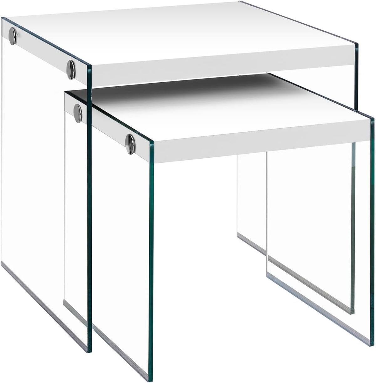 Set of 2 Square Nesting Tables with Sturdy Tempered Glass Base & Glossy White Laminate Tops – Modern Contemporary Accent Side Tables for Living Room and Bedroom Decor