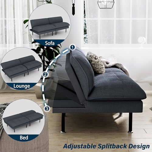 Ribilake 2 Sets 70" Futon Sofa Bed, 4 in 1 Multi-Function Couch Sleeper with Adjustable Backrest, Modern Convertible Futon, Recliner Small Loveseat for Living Room, Grey