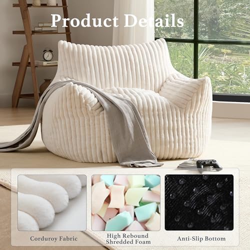 Giant Plush Bean Bag Chair for Adults with Armrests - Oversized Comfy Beige Beanbag Lounge Lazy Floor Sofa Accent Chair for Living Room, Bedroom & Dorm, Cozy Fluffy Single Cloud Mini Couch
