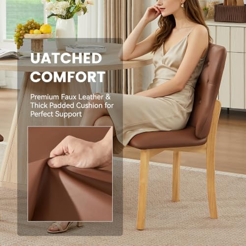 Eifizek Upholstered Dining Chairs Set of 4, PU Leather Button Tufted Parsons Side Chairs with Solid Wood Legs, Mid-Century Modern Accent Dining Room Chairs for Kitchen Restaurant & Living Room, Brown