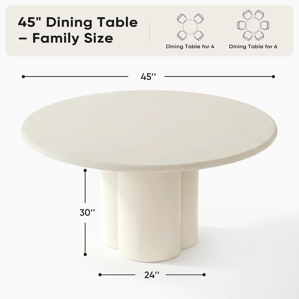 45-Inch Thick Concrete Dining Table for 4. Unique Cloud-Shaped Base, Sturdy Durable Easy-to-Clean Dinner Table. Modern White Round Dining Table Suitable for Dining Room Living Room Apartmen