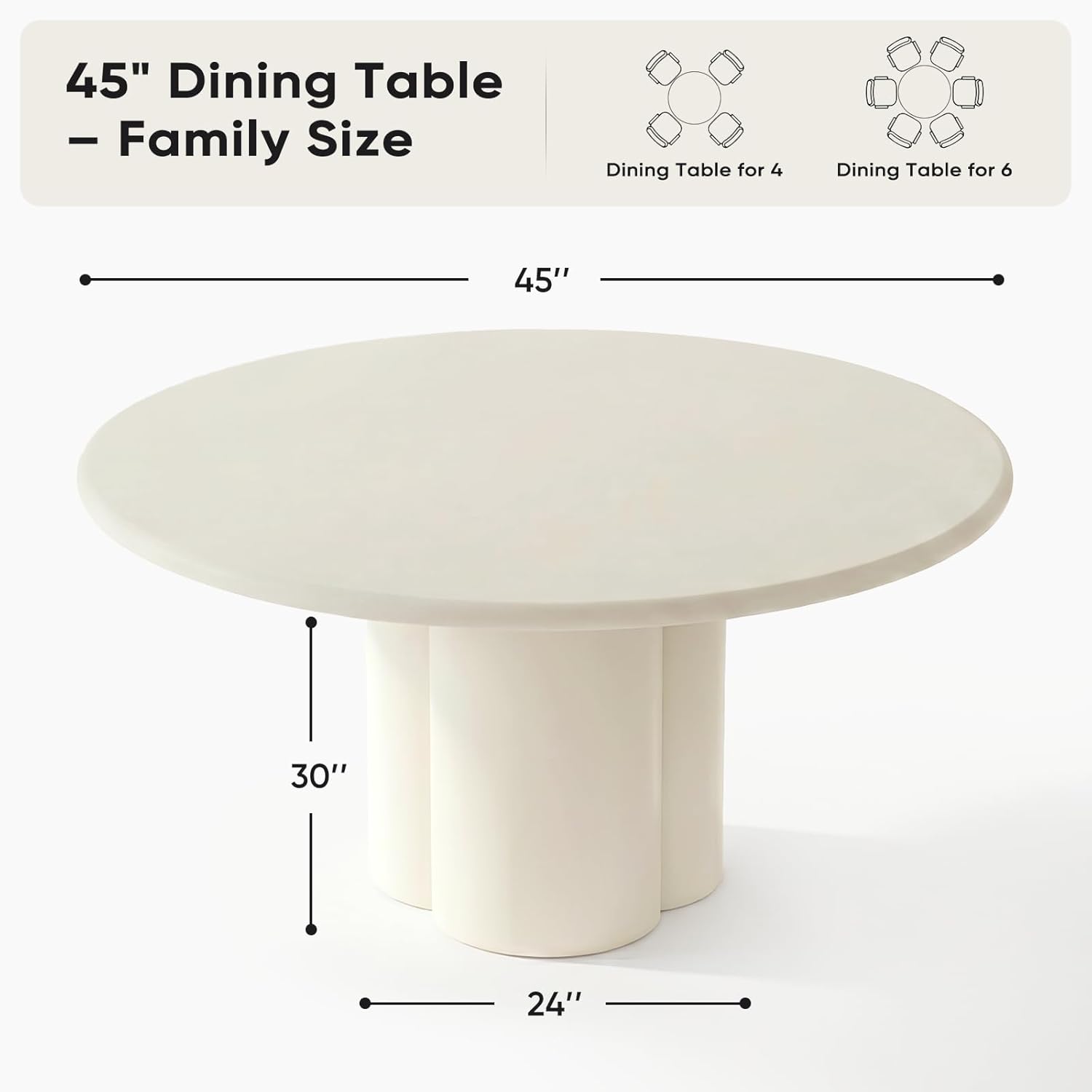 45-Inch Thick Concrete Dining Table for 4. Unique Cloud-Shaped Base, Sturdy Durable Easy-to-Clean Dinner Table. Modern White Round Dining Table Suitable for Dining Room Living Room Apartmen