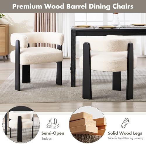 Hyfirm Modern Boho Dining Chairs Set of 2, White Boucle Upholstered Barrel Armchairs with Plush Teddy Fabric, Solid Black Wooden Legs, Mid-Century Accent Chairs for Dining Room, Living Room, Kitchen