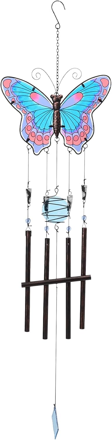 MUMTOP Butterfly Wind Chimes for Outside, Stained Glass Wind Chime Windchimes for Patio, Outdoor,Garden,Yard,Coastal,Window,Home Decor or Gifts for Women(Blue & Red)