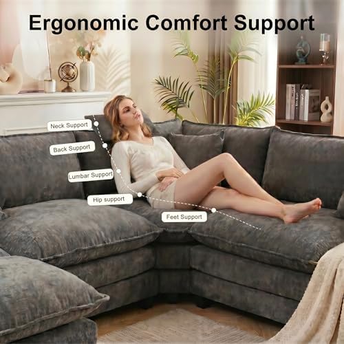 111.4" V-Shaped 5-Seat Sectional Cloud Couch, Chenille Soft Set, Grey | Customizable layout, suitable for living room, bedroom & apartment, comfortable deep seat