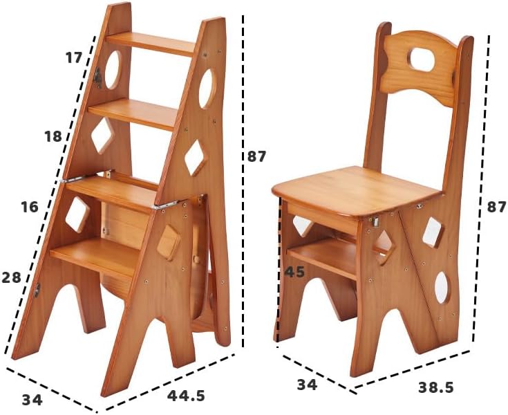 Solid Wood Foldable 4-Step Dual-Purpose Ladder Chair: for Library, as Step, Stool, Display Stand, Flower Stand (87 * 34 * 44.5cm, 90 * 35 * 46cm),Honey color-87 * 34 * 44.5cm