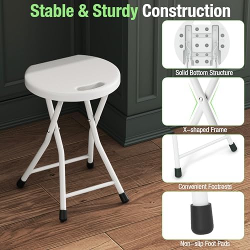 GYMAX Folding Stool, 18in Portable Collapsible Bar Stool with Handle & Steel Frame, 440lbs Sturdy Foldable Lightweight Metal Chair for Outdoor/Indoor Kitchen Home Bar, Assembly Free