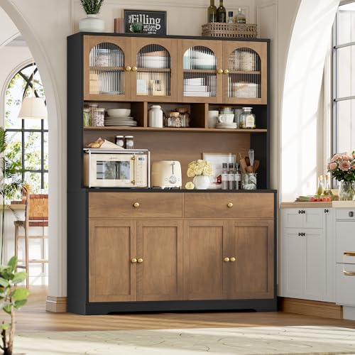 FINETONES 71" Pantry Cabinet, Tall Kitchen Pantry with Charging Station | 47.2" Wide Kitchen Hutch Food Storage Cabinets with Open Countertop, Kitchen Pantry Cabinet for Dining Room, Black/Brown