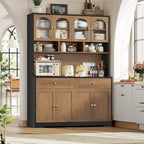 FINETONES 71" Pantry Cabinet, Tall Kitchen Pantry with Charging Station | 47.2" Wide Kitchen Hutch Food Storage Cabinets with Open Countertop, Kitchen Pantry Cabinet for Dining Room, Black/Brown