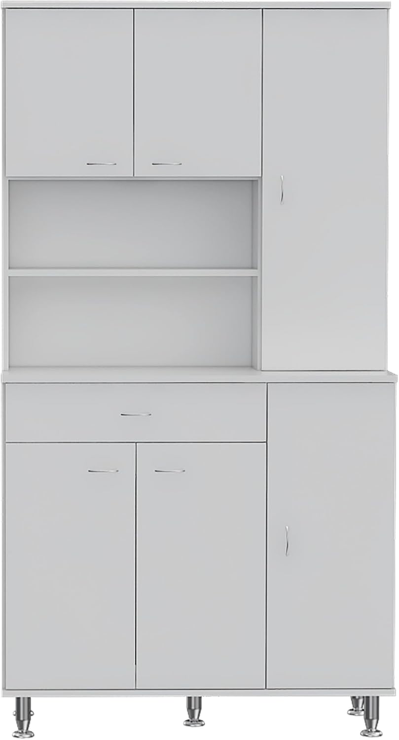 90 Kitchen Pantry Cabinet, Two Open Shelves, One Drawer, Multiple Cabinets, White