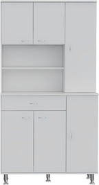 90 Kitchen Pantry Cabinet, Two Open Shelves, One Drawer, Multiple Cabinets, White