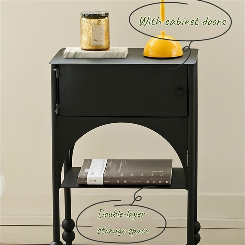 Black Side Table with Drawer, Wrought Iron Nightstand, 2-Tier End Table, Narrow Cabinet for Bedroom，Living Room, Office