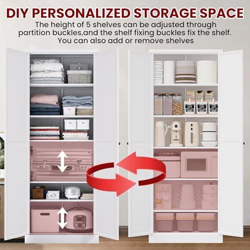 AQY Metal Pantry Cabinet, 72" White Kitchen Storage Cabinet with Doors