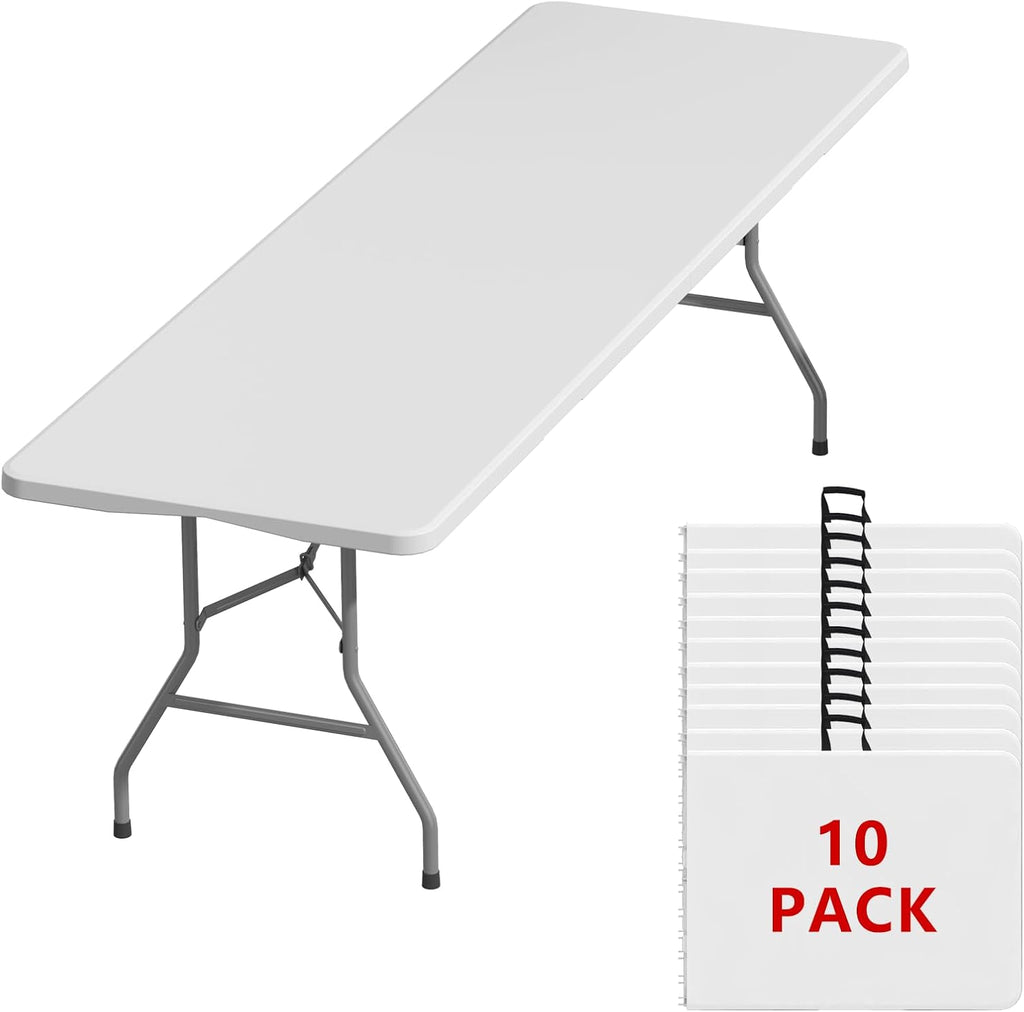8FT Folding Tables – Heavy Duty Portable Foldable Picnic Table with Built-in Handle, 450 lb Capacity – Ideal for Events, Parties, Crafts, Camping & Dining (10-Pack, White)