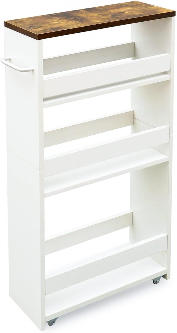 TEAMIX Slim Rolling Storage Cart, Wood 4-Tier Narrow Kitchen/Laundry Cart | 5.5"W Thin Cabinet with Wheels and Handle, Use as Spice Rack Next to Fridge, Laundry Room Organization Between Washer & Dryer