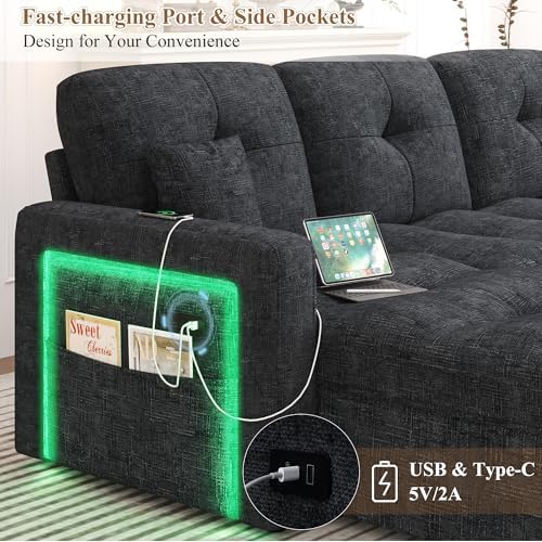 107'' LED U-Shaped Sectional Couch for Living Room, Sleeper Sofa Bed, Black | Comfy Chenille Cloud Couch, Pull Out Bed, Storage Chaise, 5-level Adjustable Backrest, USB Charging, 2 Pillow,1100LB Capacity