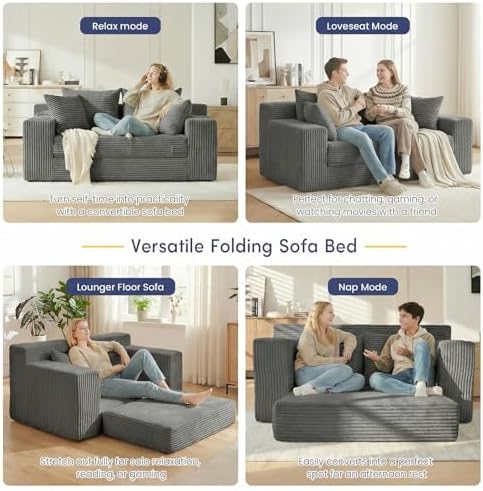 cidludto Couch Loveseat Sleeper, Convertible Sofa Bed Folding Couch Bed Foldable, 2 in 1 Chair Bed & Futon Sofa Bed, Small Pull Out Sofa with 4 Pillows for Living Room, Grey