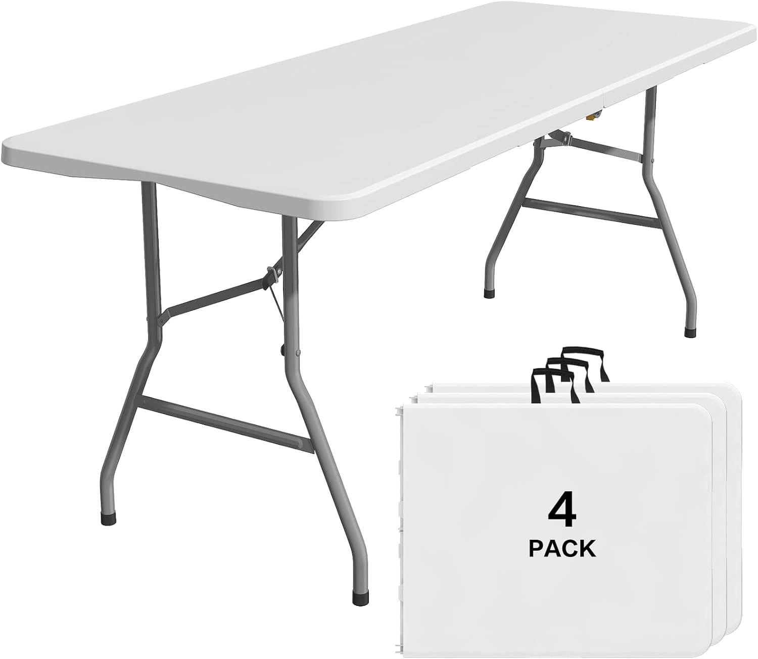 4 Pack Foldable Table 6ft, Plastic Folding Table, Portable Heavy Duty Dining Table with Lock Function & Carrying Handle, Outdoor Indoor Foldable White Table for Camping Party Picnic