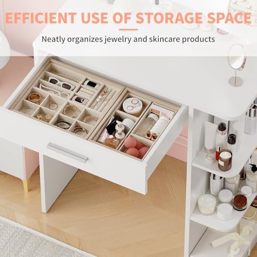 Makeup Vanity Desk with Mirror and Lights, 26.4”Small Vanity Mirror with Lights with Large Drawer and 6 Level Storage, White Vanity with Large Led Mirror with 3 Color Lighting Modes (White)