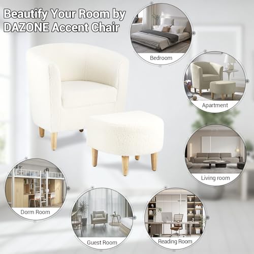 DAZONE Sherpa Accent Chair with Ottoman White Fluffy Teddy Barrel Armchair | Small Side Chair for Living Room, Bedroom, Reading Corner, Footrest, Boucle Corner Armchair, Solid Wood Legs, Soft Cushion