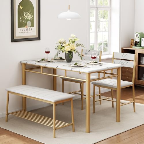 IRONCK Dining Table Set for 4, Kitchen Table and Chairs Set, White & Gold | Kitchen Table with Upholstered Bench and 2 Chairs for Small Space, Apartment