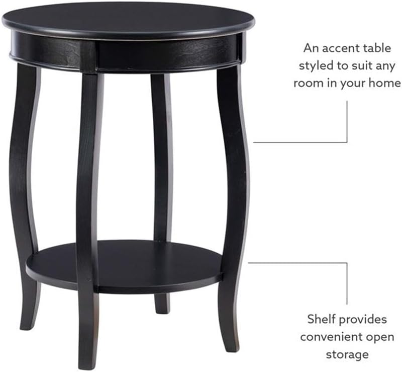 BOWERY HILL Round Wood End Table with Shelf, 18.5 x 24 in, Black Finish, MDF and Pine Wood, Bentwood Skirt, Contemporary Accent Table for Living Room or Bedroom