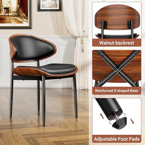 YaFiti Dining Chairs Set of 2, Mid Century Modern PU Leather Kitchen Chairs | Ergonomic Walnut Backrest & Metal Legs, Upholstered Waterproof Faux Leather Seat, Adjustable Footpads for Dining Room, Black