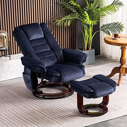MCombo Swivel Recliner with Ottoman Chair, TV Chair Sets with Vibration Massage, for Small Space Living Room Bedroom 9096 9099 (Textile, Blue)