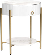OIOG Round End Table, Nightstand with Storage, Marbling Natural Stone/Gold