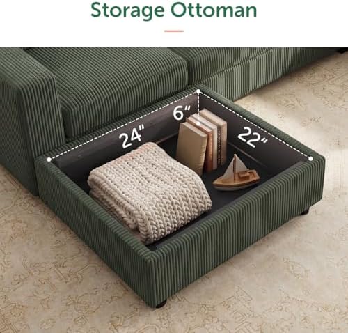 HONBAY Corduroy Sectional Sofa with Storage Ottoman, 6 Seaters L Shaped Small Sectional Couch for Living Room, Green