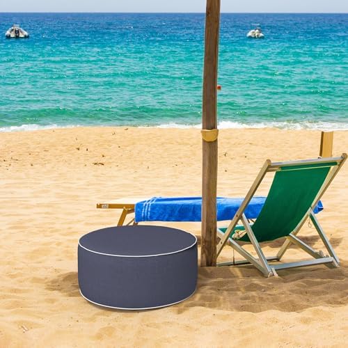 DYTXIII Inflatable Ottoman Stool D21 xH9 for Outdoor/Indoor Use, Water Repellent Patio Foot Rest Stool with Portable Handle,Round Pouf Ottoman Suitable for Garden,Deck and Camping - Textured Navy
