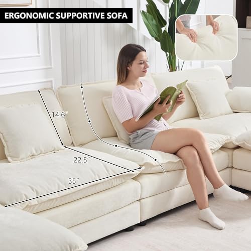 Tmsan 76.7" Beige White Cloud Couch, Small L Shape Sectional Sofa, 2 Seater | Modular Loveseat for Small Spaces Living Room Apartment, Ottoman Chaise, Comfy Chenille, Deep Seat, Modern Luxury Convertible