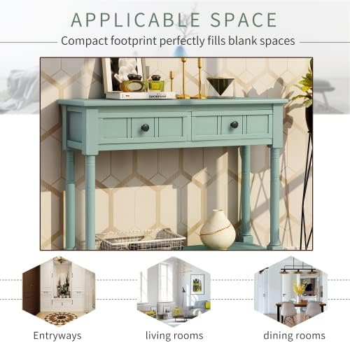 Bellemave Console Table with 2 Drawers & Bottom Shelf, Retro Entryway Table with Storage & Turned Roman Legs, Solid Wood Sofa Tables for Entrance, Hallway, Living Room (Green/35)